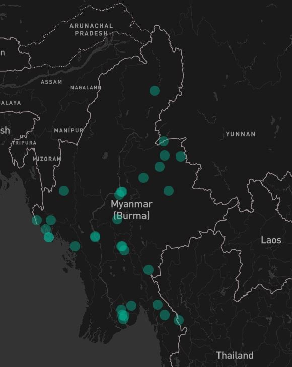 Osprey:Explore map showing air-defence and air-patrol activity, weapons-trafficking activity and airstrikes in Myanmar since May 2019
