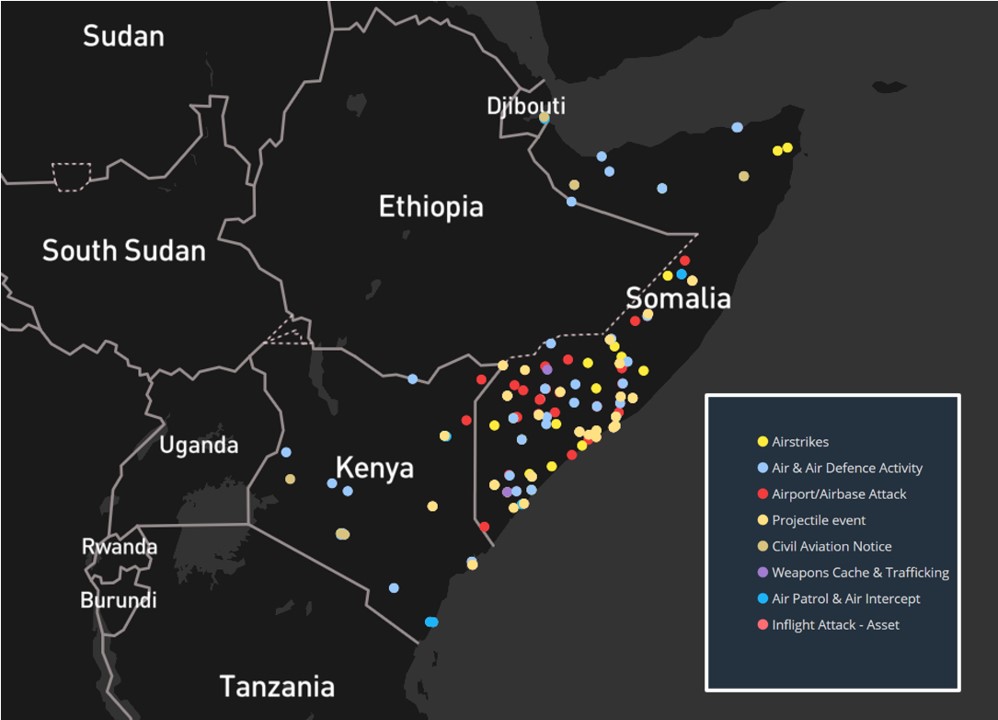 Osprey:Explore map showing conflict zone activity in Somalia, Kenya and Djibouti between June 2019 and June 2021