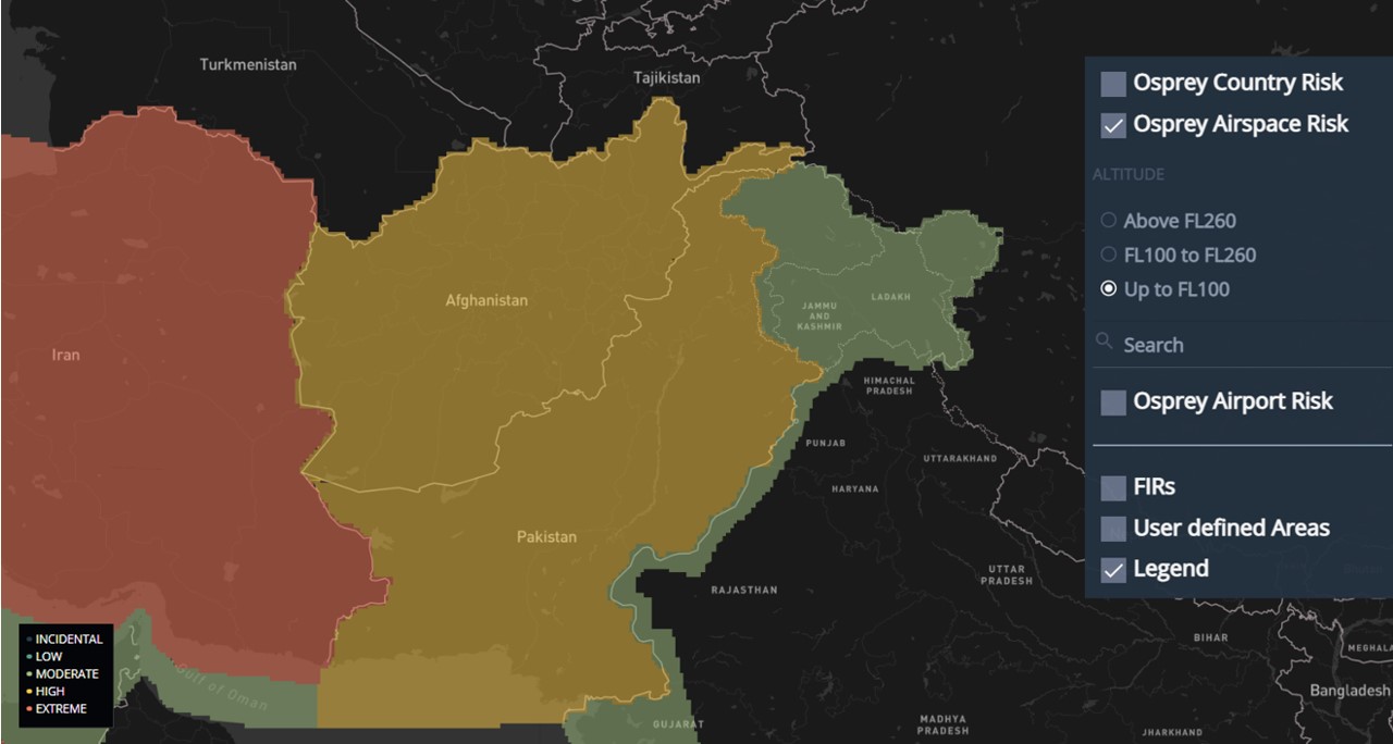 Map showing Osprey airspace risk over Afghanistan