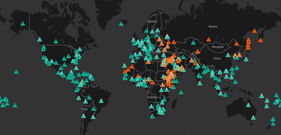 Map showing locations of incidents covered by recent alerts