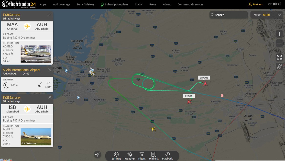Image showing disruption at Abu Dhabi International Airport from c.0030-0130 UTC on 24 January. Image credit: Flightradar24