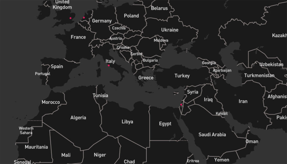 Map showing bomb threats at European airports during the conflict