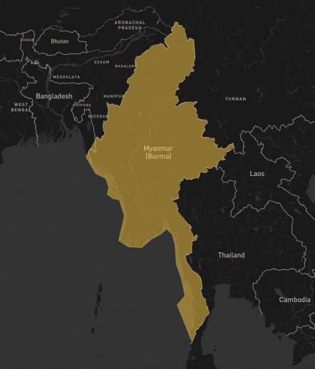 Map of Myanmar highlighting high-risk airspace areas, indicating aviation safety concerns and operational hazards.