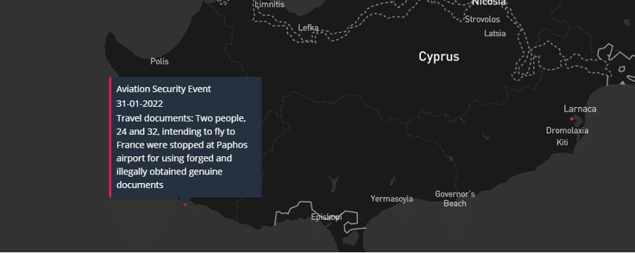 Map illustrating irregular migration routes and key areas of activity in Cyprus, highlighting regions impacted by migration trends.