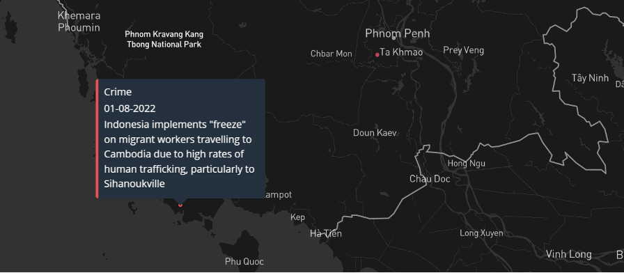 Map showing reported human trafficking incidents in Cambodia, highlighting regions most affected by trafficking activities.