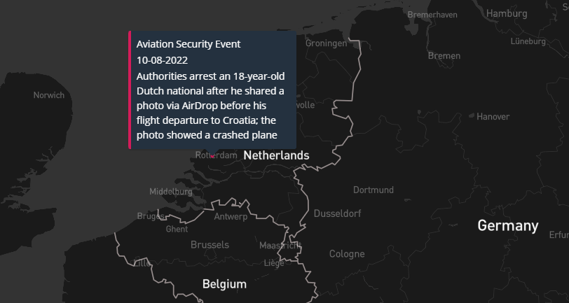 map showing aviation security events involving bomb threats