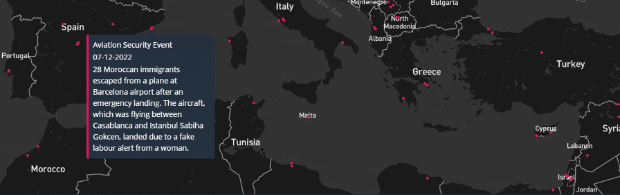 Map showing the location of the Avión Patera incident, highlighting the coordinates and surrounding areas affected by the event."