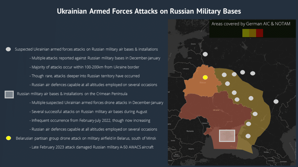Map showing Ukrainian Armed Forces attacks on Russian military bases, highlighting key locations and military actions during the ongoing conflict.