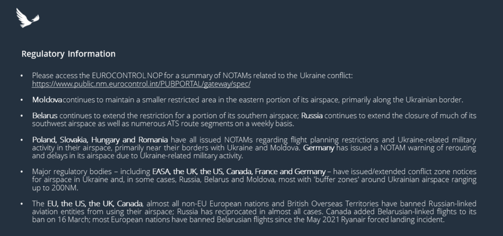 Infographic detailing regulatory information and aviation restrictions related to the Russian-Ukrainian conflict, highlighting affected regions, airspace closures, and safety measures.