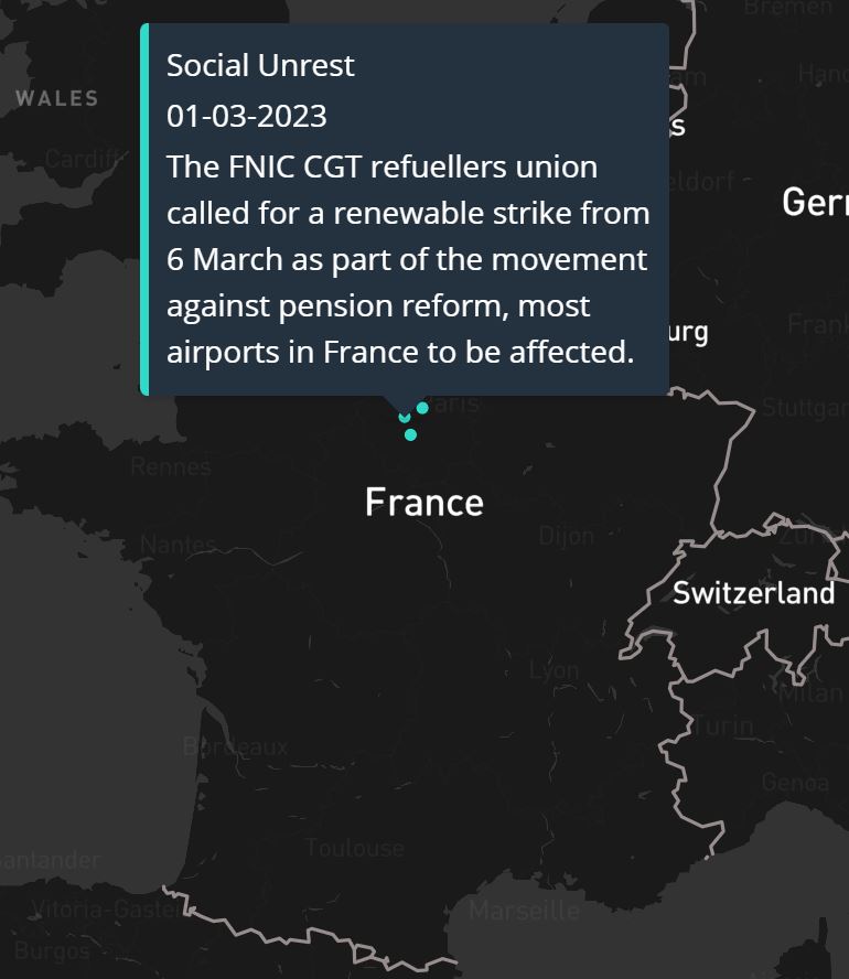 Map showing strike action fuel france 