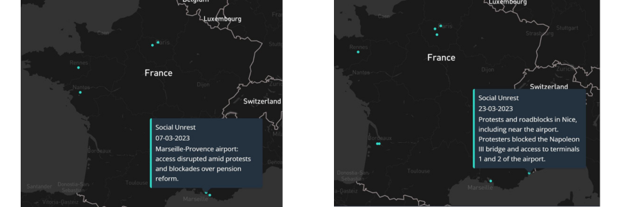 Map highlighting protests and roadblocks causing disruption at Nice and Marseille airports, impacting travel and airport operations.