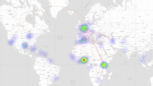 Heat map showing locations and popular routes of stowaway incidents since 2018