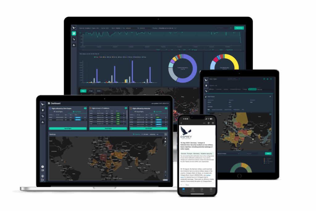 Visualisation of Osprey Flight Solutions' technology, featuring interactive maps and data analytics for aviation risk