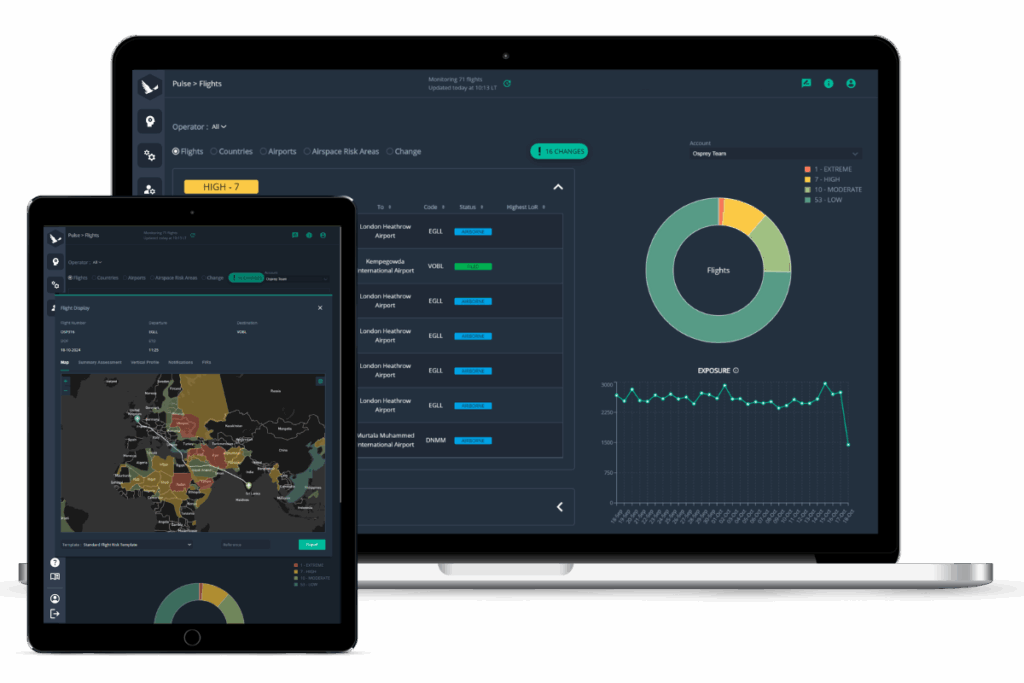Osprey:Pulse displaying flights view on both a laptop screen and a tablet